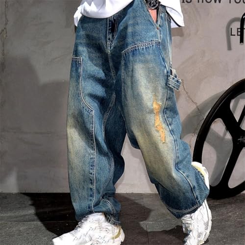 Men’S Vintage Hip Hop Ripped Loose Straight Leg Denim Cargo Pants Slim Fit Full Length Button Fly Distressed Streetwear4