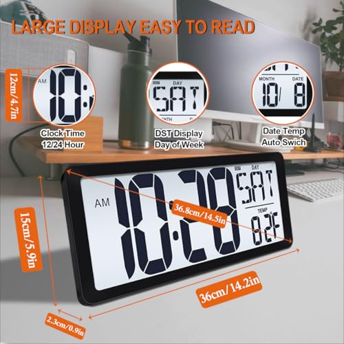 Image of 15 Inch Large Rechargeable Digital LCD Wall Clock with Backlight Glow in the Dark,Night Light Wall Clock with Week,Date & Temperature,DST,Alarm Display for Living Room, Bedroom, Gift for Elderly
