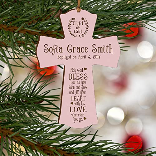 Image of LifeSong Milestones Pink Wooden Wall Cross: Family Celebrations Baptism, Christening, and First Communion - Religious Keepsake for Baby Girls - Baptism Gifts, Favors, and Decorations