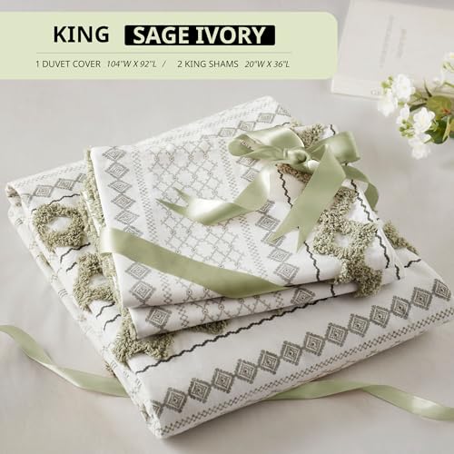 Image of Ink+Ivy King Duvet Cover Set Boho Chenille Tufted Cotton Duvet Cover for King Size Bed, All Season King Size Bedding Cover, Matching Shams, Imani, King /Cal King Sage Green /Ivory 3 Piece
