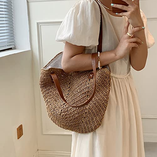Image of Hand-woven Soft Large Straw Shoulder Bag Retro Boho Tote Bags Summer Beach Bag Rattan Handbag