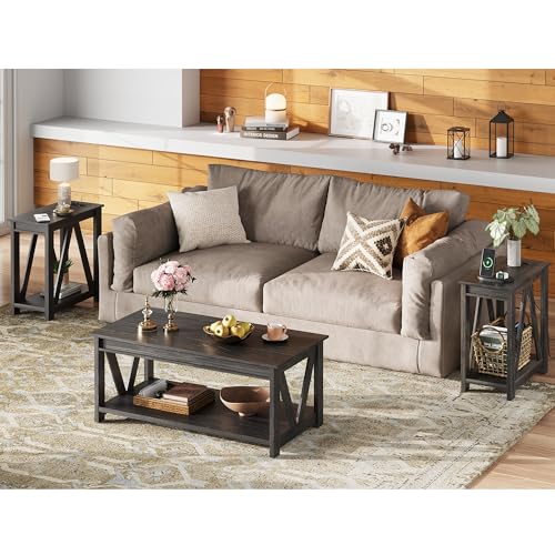 Image of WLIVE End Tables Living Room Set of 2 with Charging Station, Sofa Side Tables with Open Storage Shelf, Slim Farmhouse End Table Sets, Charcoal Black