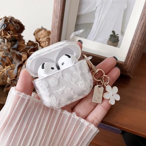 Image of MINSCOSE for with AirPods 4 Clear Case,Cute Flower Floral Aesthetic Design with Flowers Keychain, Soft TPU Protective Shockproof Case for Women Girl for Airpods 4-White