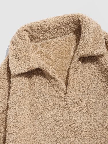 ZAFUL Men's Fluffy Fuzzy Teddy Sweatshirt Solid Color V Neck Casual Stand Collar Pullover Sweatshirts (10-Light Coffee, XL)3