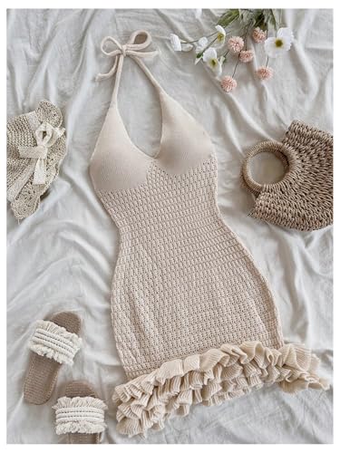 Image of GORGLITTER Women's Vacation Outfit Crochet Halter Knit Bubble Mini Dress Sexy Beach Cruise Summer Miami Resort Outfits