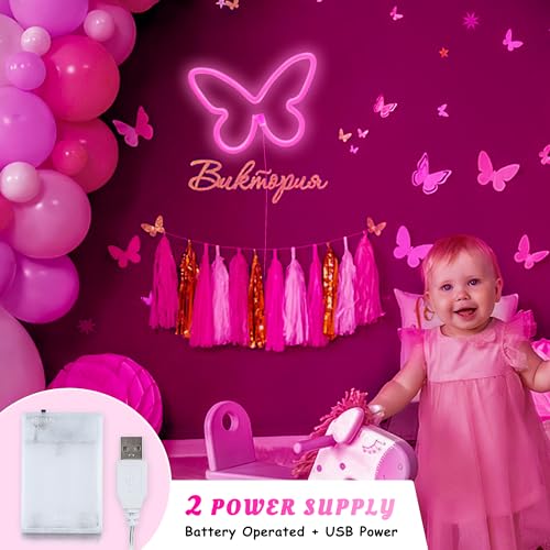 Image of Butterfly Neon Signs LED Light 3-AA Battery Powered, USB Operated Wall Neon Light Decor Butterfly Neon Wall Art for Bedroom Wedding Birthday Party Home Decor (Pink)