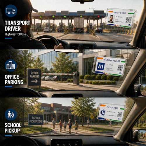 Image of AutoKraftZ Removable ID Card Holder for Car Windshield Set of 2 - Transparent Tag Holder for Car Glass | Non-Sticky Ticket & Parking Pass Holder