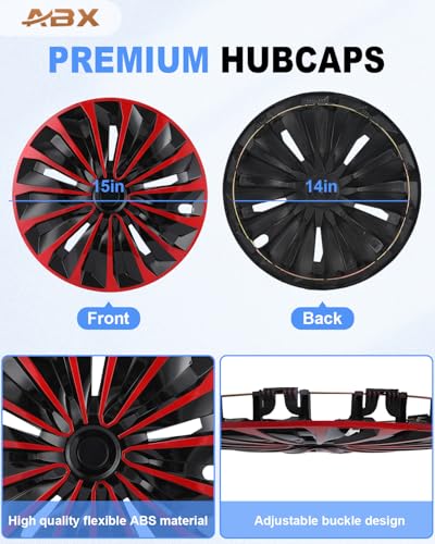 Image of ABX Hubcap Wheel Covers Hub Caps 15 Inch Set of 4 Black & Red Universal Wheel Rim Cover R15 Stylish Car Decor Wheel Covers for Toyota Camry Nissan Mazda (TT Black & Red, 15 inch)