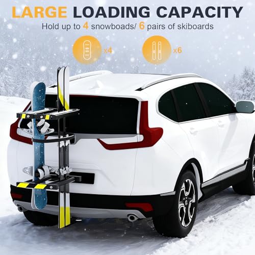 2026 New Folding Hitch Ski Snowboard Rack with Security Lock, Ski Rack Carries 6 Pair Skis or 4 Snowboards Fit for 2" Receiver, Tilt Access for Trunk Access, Security Strap
