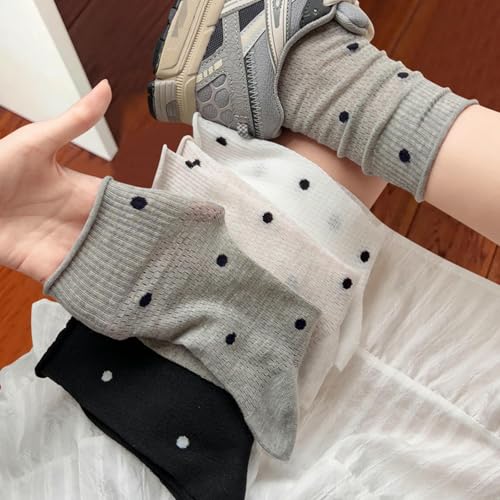 3 Pairs - Ballet Style Spring and Summer Thin mesh Socks, Breathable mid-Tube Cute Rolled Polka dot Socks - Black3