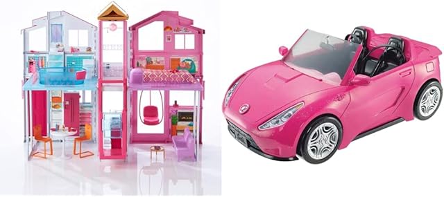 Barbie DLY32 ESTATE Three-Story Town House Colourful and Bright Doll House Comes with Furniture and Accessories, Playset & DVX59 Autre Glam Convertible Sports, Toy Vehicle for Doll, Pink Car