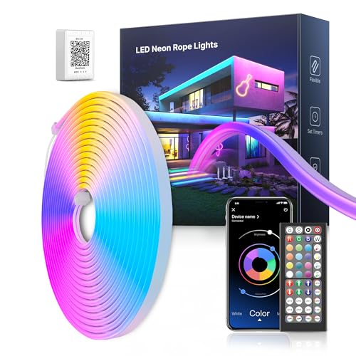 Mexllex LED Neon Rope Lights 5M, Flexible RGB LED Strip with App & Remote Control, Music Sync Colour Changing Waterproof Lighting for Bedroom, Gaming & Home Decor