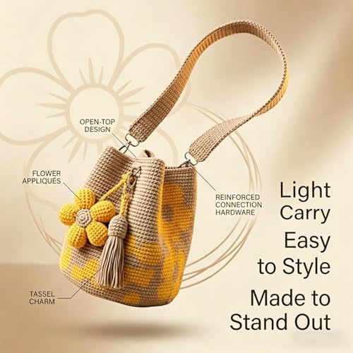 Bolso tote tejido a mano con flores para mujer miniatura 3