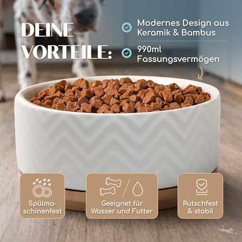 FREUDENTIER Hundenapf aus Keramik mit Bambus-Boden - 990ml - rutschfest & spülmaschinenfest - Moderner Futternapf/Fressnapf für Grosse Hunde & kleine Hunde - Napf Hund (Weiß, 1x)
