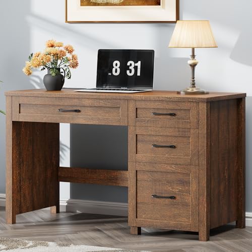 Image of Farmhouse 47 inch Executive Desk, Computer Desk with File Drawer and Charging Station, Workstation for Home Office, Study,Red-Brown