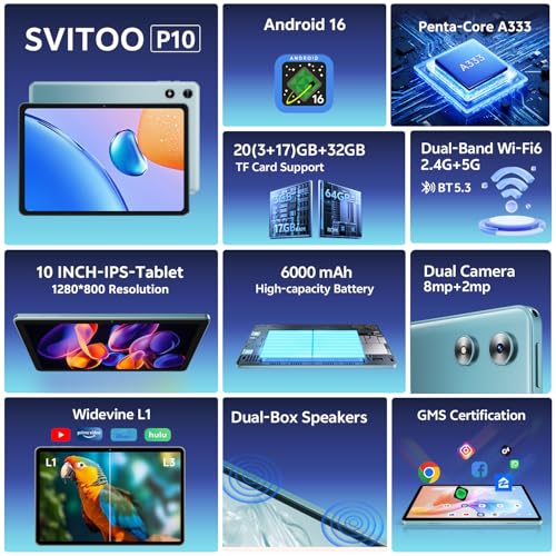 Image of SVITOO Android Tablet 10 Inch, Android 16 Tablet for Kids Adults, 20GB RAM 32GB Storage 1TB Expandable, Dual Cameras 8MP 2MP, 6000mAh Dual Speakers WiFi 6, Blue