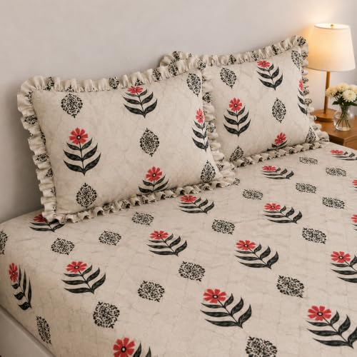 Image of King Size Fitted Bedsheet for Double Bed | 300 TC Cotton Feel Microfiber | All Around Elastic with 2 Frill Pillow Covers | Soft & Durable | (Design2, Fitted - 72 x 78 Inch King)