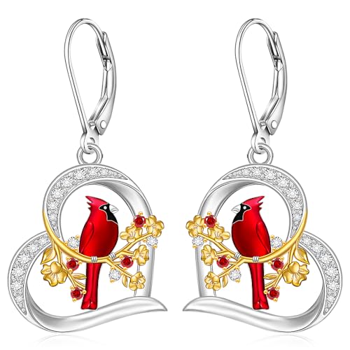 Cardinal Earrings for Women Sterling Silver Heart Red Cardinal Earrings Dangle Leverback Christmas Gifts