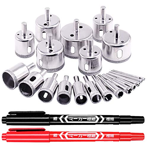 Keadic 22Pcs 4-50mm Diamond Drill Bits Set, Tile Hole Saw for Ceramic Pots, Diamond Coating, Carbon Steel, Glass, Ceramics, Porcelain, Ceramic Tile, Marble (2pcs Marker Pen included, red & black)