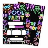Tabyon Pool Party Birthday Invitation Cards - Neon Tropical Beach - 20 Double-Sided Fill In Birthday Invite Cards With Envelopes For Boys & Girls, Party Favor & Decorations - C09