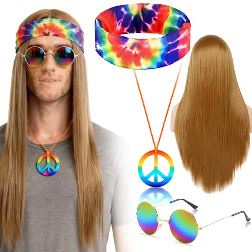 QIMMU Hippie Kostüm Set,4 Stück Hippie Accessories Herren,Karneval Kostüm,Perücke Herren,Sonnenbrille,Stirnband,Peace Halskette Anhänger,60er 70er Kostüm Zubehör für Karneval Mottoparty