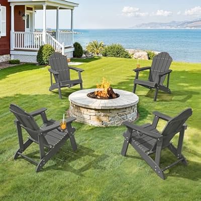 LUE BONA Matte HDPE Adirondack Chairs Set of 4 - Weather Resistant Seating with Cup Holder for Patio, Fire Pit, Deck & Cafe Patio, Dark Gray