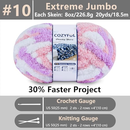 Image of Cozyful Chunky Yarn for Hand Knitting - #10 Chunky Chenille Blanket Yarn, Jumbo Big Thick Chunky Yarns for Crocheting, Tie Dye Bulky Knit Yarns, 8 Skein (20 yds 8 oz Each Skein), Purple&Pink&White