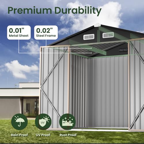 Image of GVDV 8x6 FT Full Size Outdoor Storage Shed with Floor, Durable Metal Garden Shed with Reinforced Sidewall Girts & Updated Frame Structure, All-Weather Shelter for Backyard, Patio, Tool, Bike Storage