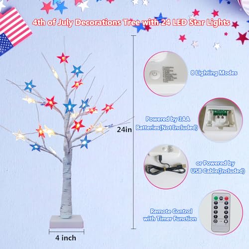4th of July Decorations Tree Light 24 Inch with 24 LED Red White Blue Star Lights USB Battery Operated with Timer, Lighted Artificial Tree Lights for Table, Party, Memorial Day, Patriotic Decoration