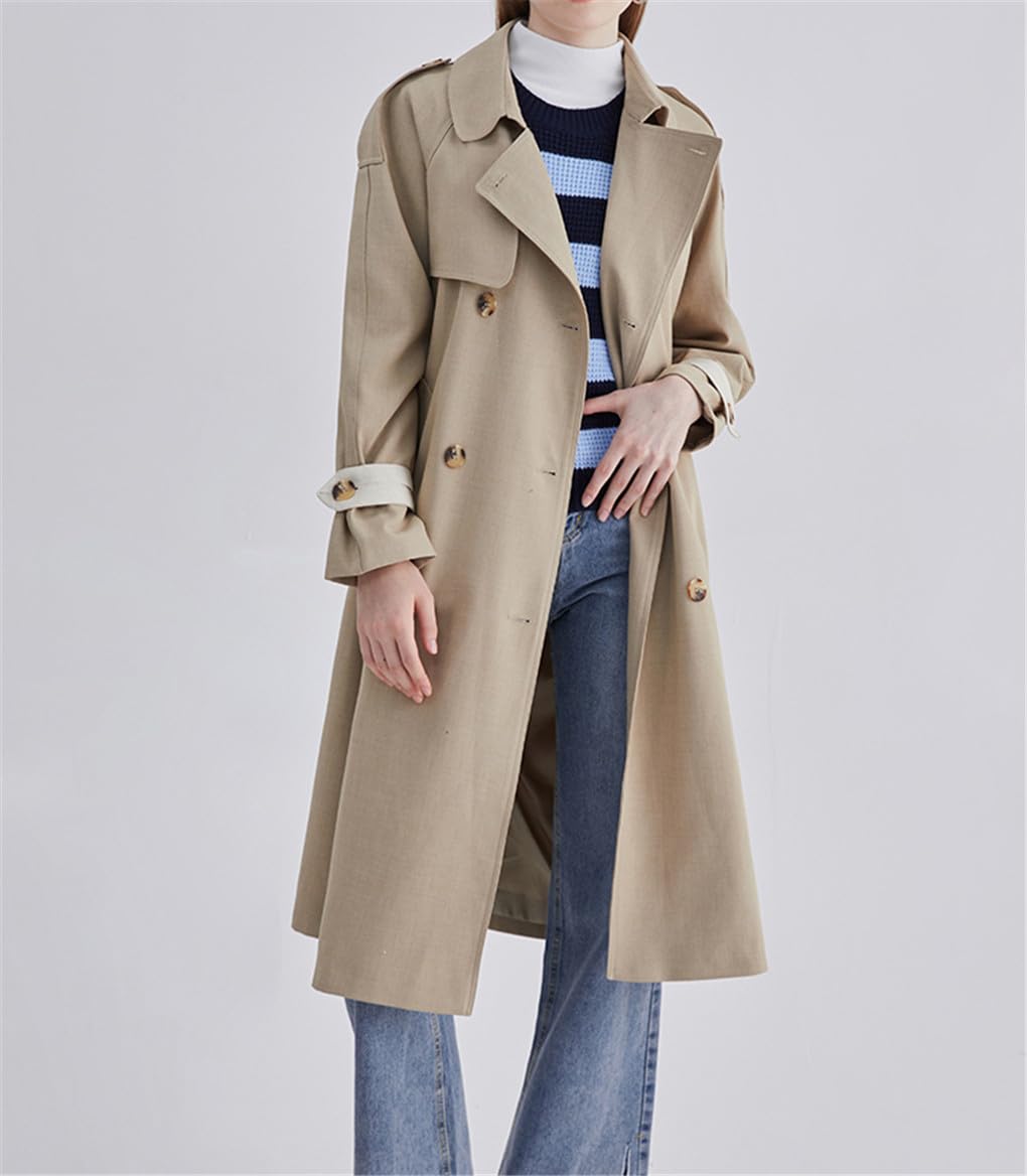 Dninmim Trench Doppiopetto Da Donna Giacca Midi Autunnale Giacca A Vento In Vita Color Kaki