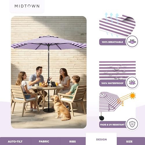 Image of Midtown Umbrellas - 10-Year-No-Fade 9 Ft Patio Umbrella with Terylast Fabric, Auto-Tilt Aluminum Frame and 8 Reinforced Ribs for Deck, Pool, Garden & Beach - Purple Stripe Canopy, Black Pole