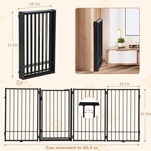   SMONTER-Free-Standing-Dog-Gate-with-Door-Walk-Through-805-Extra-Wide-Indoor-Dog-Fence-315-Height-4-Panels-Foldable-Metal-Pet-Puppy-Gate-for-Stairs-Hallways-Doorway