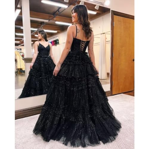 Tiered Glitter Tulle Prom Dresses for Women Long Ball Gown V Neck Spaghetti Straps A Line Formal Evening Party Gown2