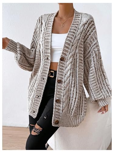 Image of MakeMeChic Women's Oversized Chunky Cable Knit Cardigan Sweaters Button Front V Neck Lantern Sleeve Outerwear White and Brown Medium