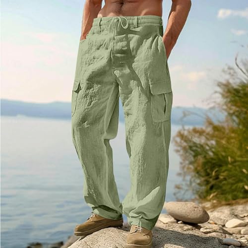 Mens Linen Cargo Pants Summer Casual Elastic Waist Pants Relaxed Fit Beach Yoga Travel Lounge Trousers with Pockets2