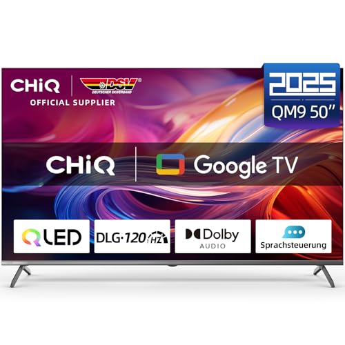 CHIQ U55QM9V 50 Zoll Smart TV, 4K HDR, QLED, metallfreies Design, Google TV, Google Assistant, DLG 120Hz, MEMC, Dolby Audio, Triple-Tuner, Schwarz