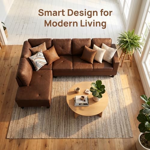 Image of L-Shaped Sectional Sofa, Modern 4-Seat Couch with Left Facing Chaise, Sectional Couch for Living Room, Apartment, Office, Brown