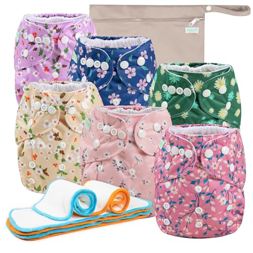 Image of Wegreeco Cloth Diapers 6 Pack with Inserts & Wet Bag, Washable Reusable Diapers for Babies, One Size Adjustable (Chrysanthemum)