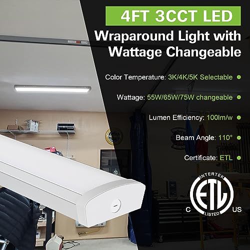 Image of 4FT LED Flush Mount Wraparound Light, with 3 Wattages /3 Lumens /3 CCT Selectable, 55W /65W /75W, 5500lm /6500lm /7500lm, 3000K /4000K /5000K, 4 Foot LED Wraparound Light Fixture for Garage, Office, ETL