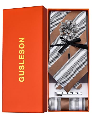 Image of GUSLESON Men's 5-pc Striped Tie Gift Set - Jacquard Necktie, Pocket Square, Cufflinks, Lapel Pin, Tie Clip - Wedding Formal Gifts