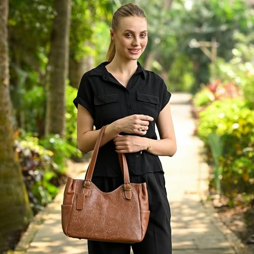 Anna by Anuschka Heritage Collection Women's Genuine Leather Shoulder Bag - Floral Embossed Hazelnut3