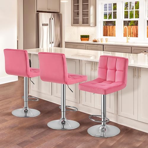 Image of Yaheetech Bar Stools Set of 2, Adjustable Velvet Barstools, Modern Counter Height Swivel Stool with Bigger Base for Kitchen Island, Pink