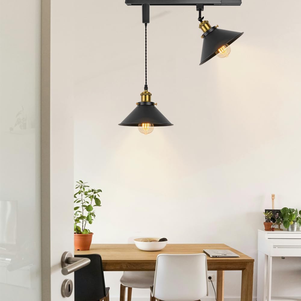 1x Plug in Cable Track Rail, 1X Adjustable Cord, 1x Adjustable Angle Black Metal E26 Base Track Lighting Fixtures H-Type Vintage Design for Kitchen Loft(No Bulb)
