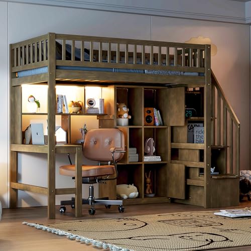 Wood Loft Bed Twin Size with Built-in Desk, LED, Storage
