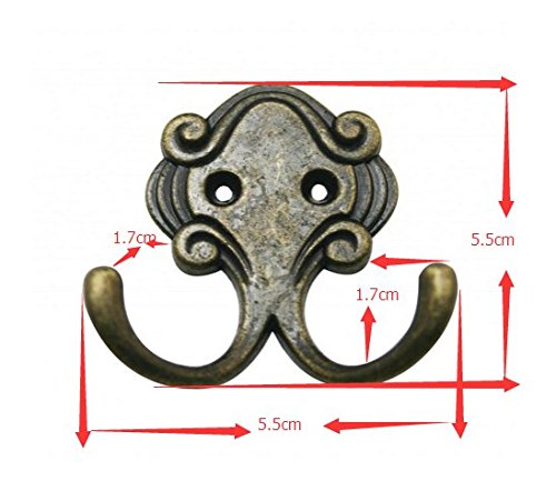 Amanaote Metal Antique Brass Hardware Double Prong Robe Hook Clothes Hanger with Screws(Pack of 6)