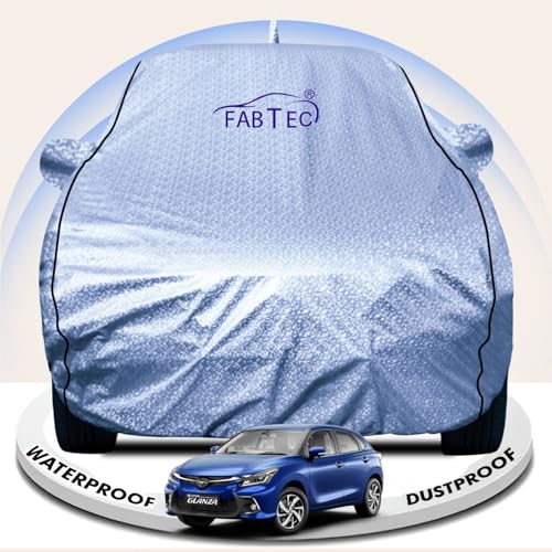 Image of FABTEC Metallic Silver Waterproof Car Body Cover for Toyota Glanza New Sun, UV and Dust Protection with Mirror and Antenna Pocket (Reflective Silver with Black Piping)