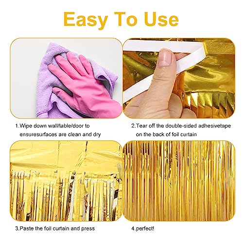 Image of 2 Pack 3.28 ft x 6.56 ft Golden Tinsel Curtain Party Backdrop Decorations, Metallic Foil Fringe Backdrop Door for Halloween, Christmas, Birthday Graduat