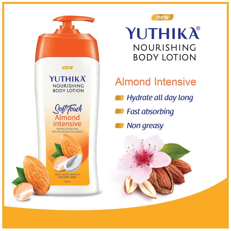 Image of Yuthika Naturals Almond Soft Touch 500ml Body Lotion for Women & Men | 72Hr Hydration | for Dry to Very Dry Skin | Enriched with Almond Oil | Non Greasy & Healthy Looking Skin