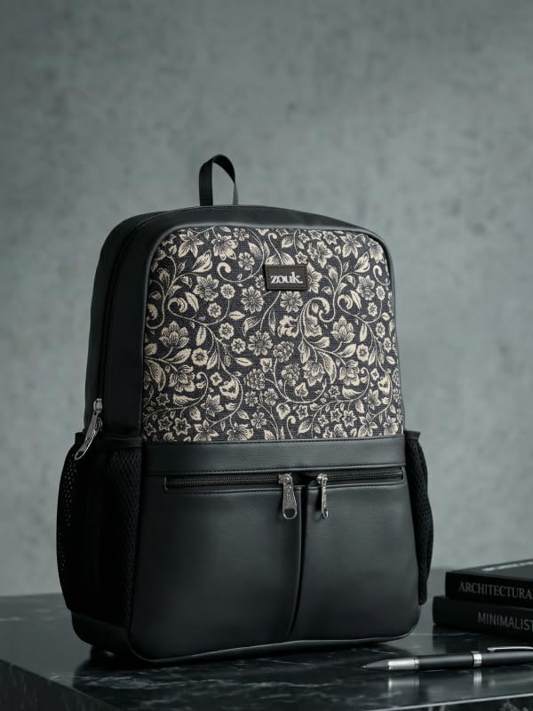 Image of ZOUK Women's Office Backpack | Vegan Leather & Handicraft Fabric | PeTA Approved | 15.6 Inch Laptop Compartment | Dual Zipper Pockets | Water Resistant | Trolley Passthrough | 17.5L