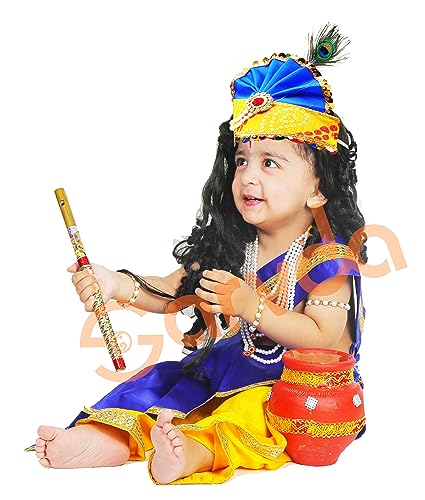 Image of Sarvda Shree Krishna Dress for Baby Boy & Radha Dress for Girls | Janamashtami Dress | Fancy Dress Costume with Accessories Dhoti, Dupatta, Mukut Flute Complete set, Ethnic wear